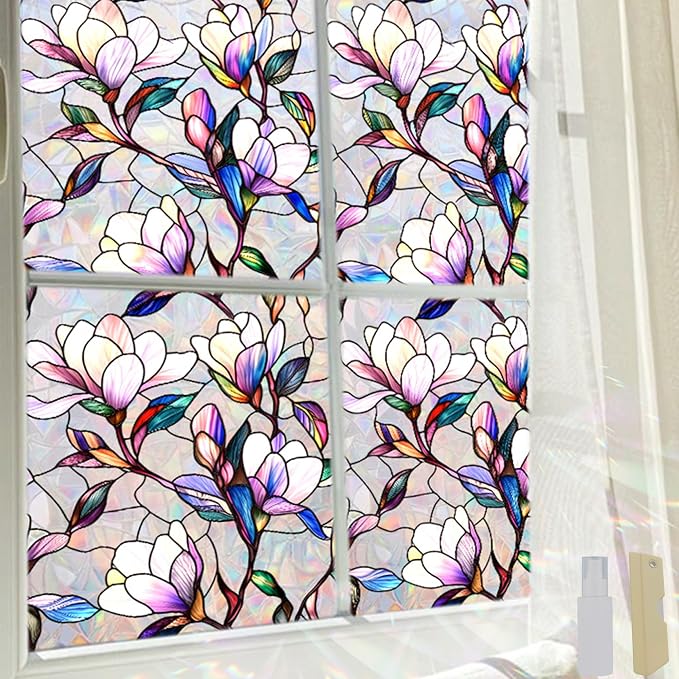 Rainbow Magnolia Stained Glass Window Privacy Film 17.5"x78.7" | Static by WBQMUNY