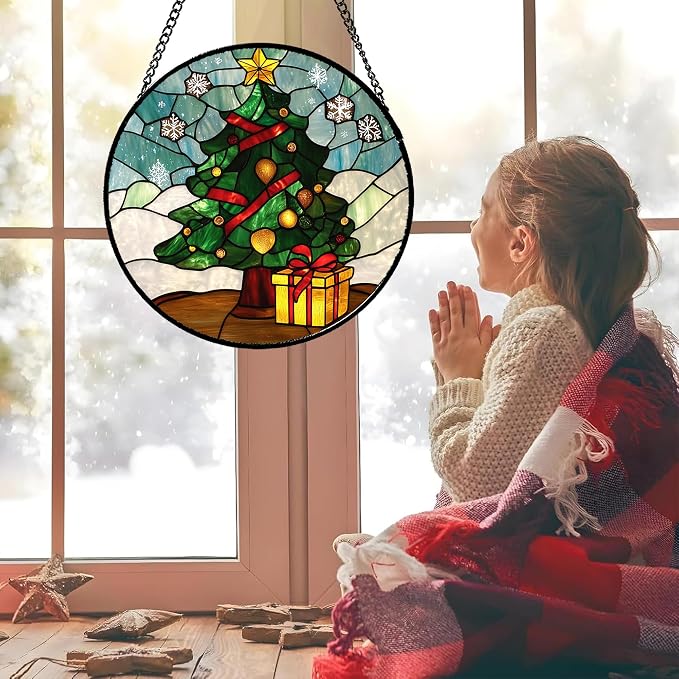 DASTOLL Stained Glass Window Hanging Green Christmas Tree Snowflake Large 11.8" - Image 4