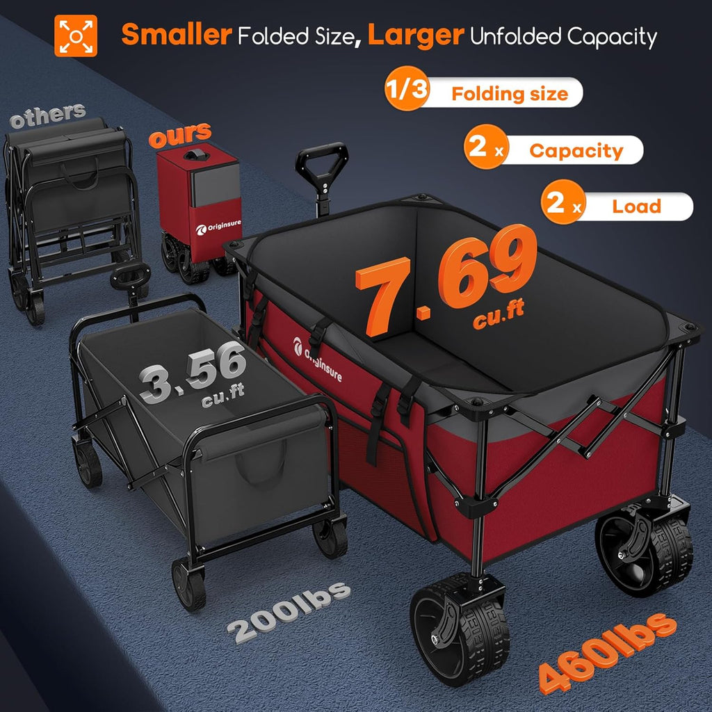 220L Collapsible Wagon Cart Foldable, 460lbs Load Capacity Heavy Duty Folding Beach Wagons with Big All-Terrain Wheels, Utility Carts for Groceries, Camping, Sports - Grey&Burgundy