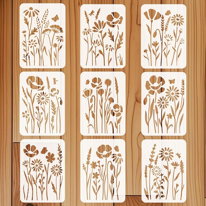 9pcs Wildflower Stencil for Painting Flower Beds Painting Crafts Template Wall by beinkmake