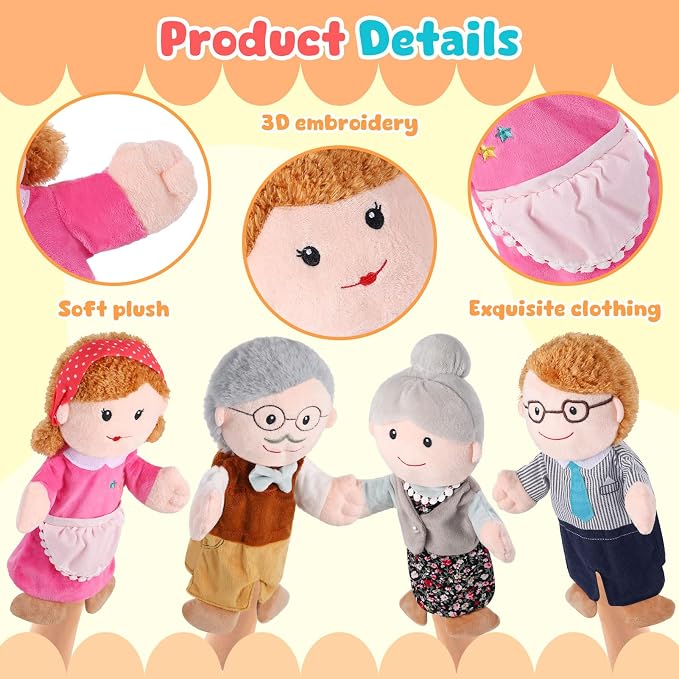 6 Pcs Family Hand Puppets 12 Inch Grandparents, Mom & Dad, Brother & Sister - Image 4