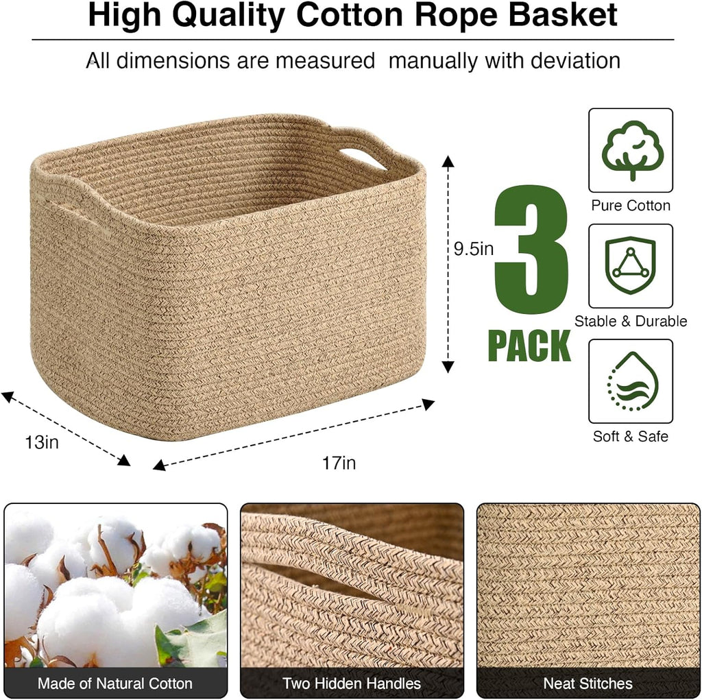 Large Storage Baskets for Organizing Shelves, Woven Cotton Rope Bins for Baby Nursery Organization, Book Toy Towel Organizer, 17"x13"x9.5", 3 Packs, Brown