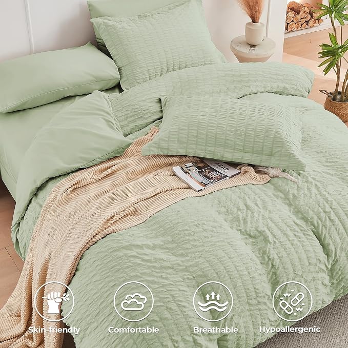 HYMOKEGE Light Green Twin Comforter Set Seersucker 5 Pieces, All Season Luxury - Image 3