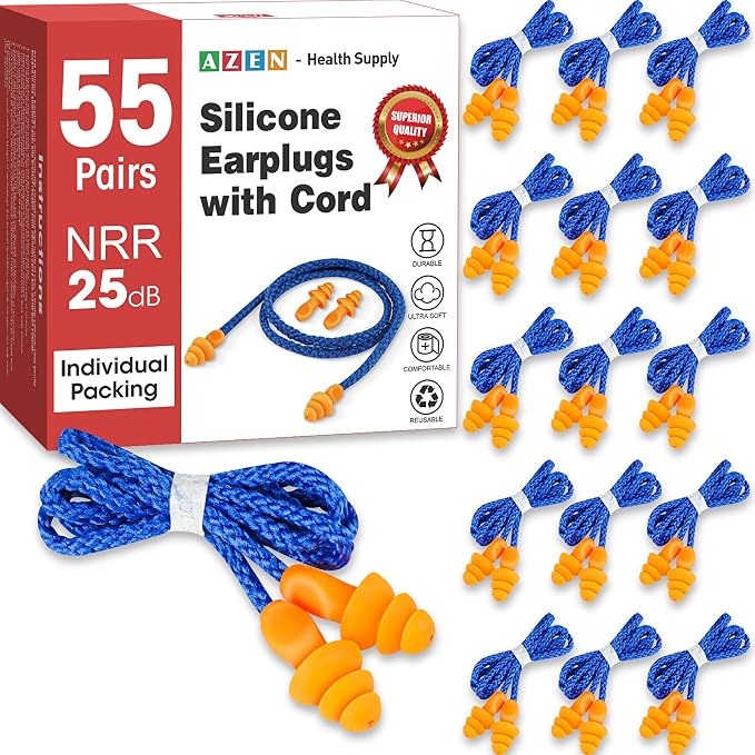AZEN 55 Pairs Silicone Ear Plugs, Reusable Earplugs by AZEN