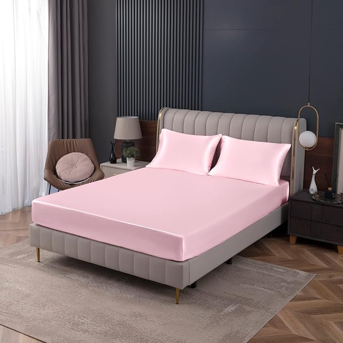 Homiest Blush Pink Satin Fitted Sheet Queen Size, Deep Pocket, Luxury & Ultra - Image 9