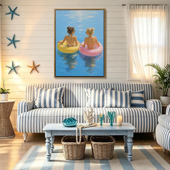 Framed Pastel Beach Float Wall Art Two Women in Colorful Swim Rings on Calm - Image 5