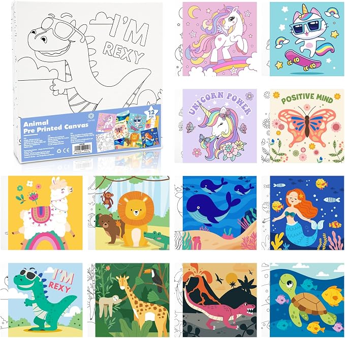 CONDA 12 Pcs Pre Drawn Canvas to Paint 6x6 Inch, Animal Pre Printed Canvas by CONDA