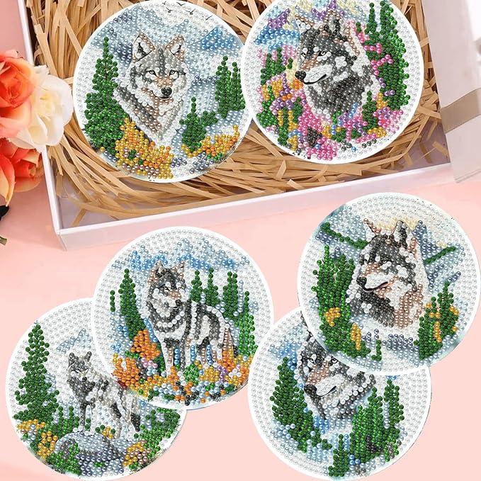 8 Pack Diamond Art Coasters, Wolf Forest animals Diamond Painting Coasters | - Image 7