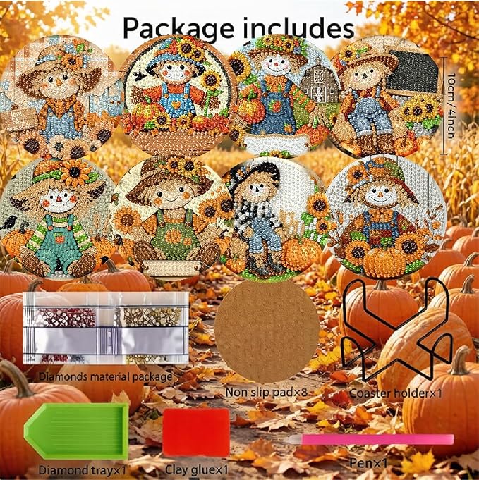 LWZAYS 8 Pcs 5D Autumn Scarecrow Diamond Art Coasters Kits - Image 2