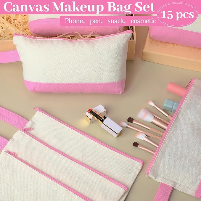 Silkfly 15 Pcs Cotton Canvas Makeup Bags Cosmetic Zipper Bags 10.2 x 5.5 x 2'' - Image 5