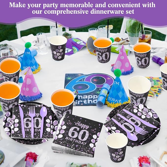Pickmesh 400 Pcs 60th Birthday Party Supplies Purple Black Happy Birthday - Image 4