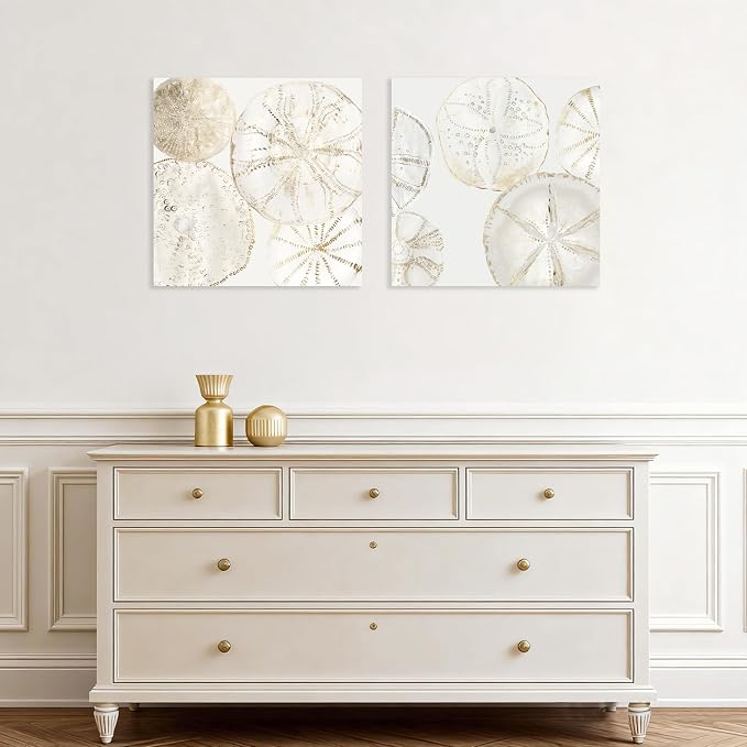 2 Pieces Coastal Wall Art Sea Shell Sand Dollar Painting Modern Abstract Gold - Image 5