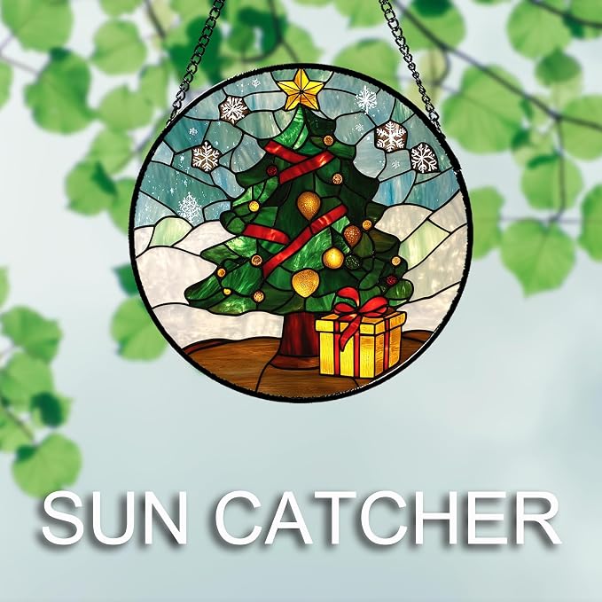 DASTOLL Stained Glass Window Hanging Green Christmas Tree Snowflake Large 11.8" - Image 3