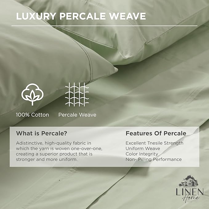 Linen Home 100% Cotton Percale Weave Fitted Sheet, King Size, 1 Deep Pocket - Image 2