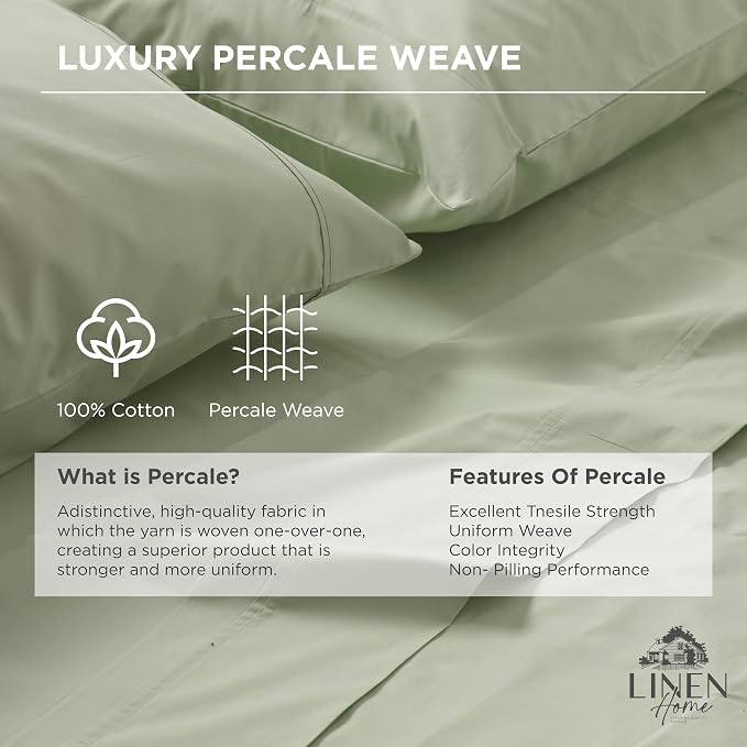 Linen Home 100% Cotton Percale Weave Fitted Sheet, Twin Size, 1 Deep Pocket - Image 2
