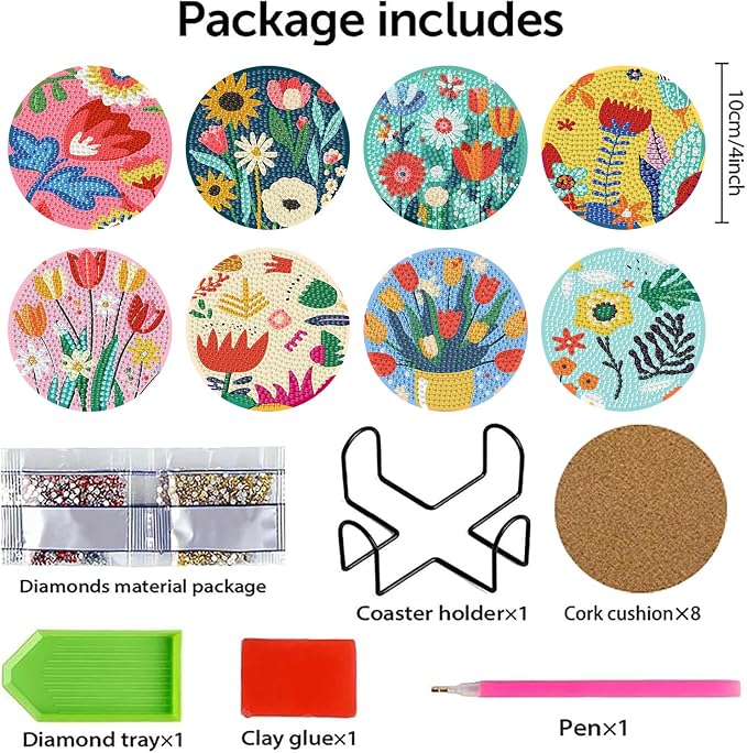 Benjenes 8PCS Flowers Diamond Art Coasters Kit - Image 3