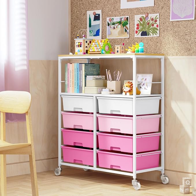 Rolling Cart with 8 Drawers, Storage Drawer Cart with Wooden Tabletop, Lockable - Image 7