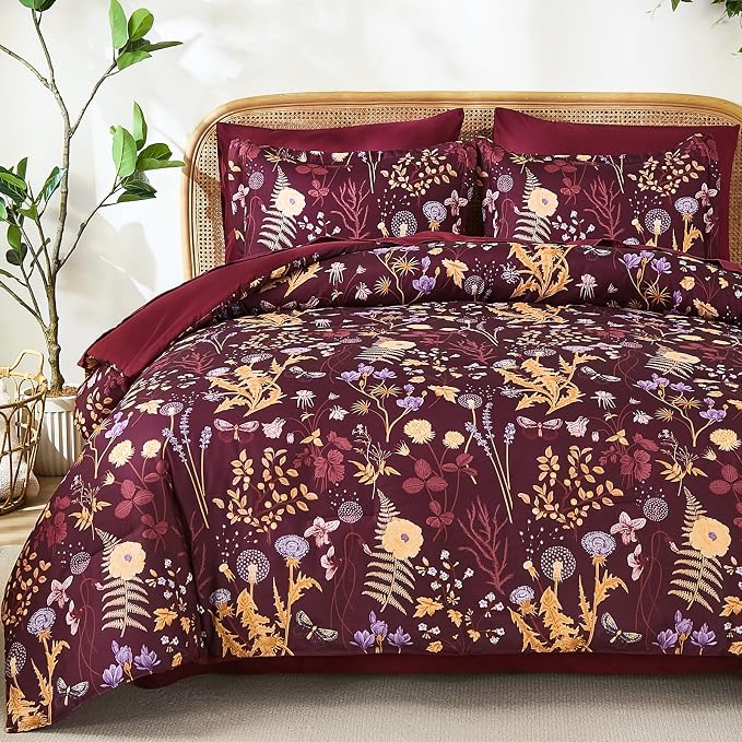 Yiran Queen Comforter Set 7 Piece, Burgundy Floral Bedding Set, Bed in a Bag by Yiran