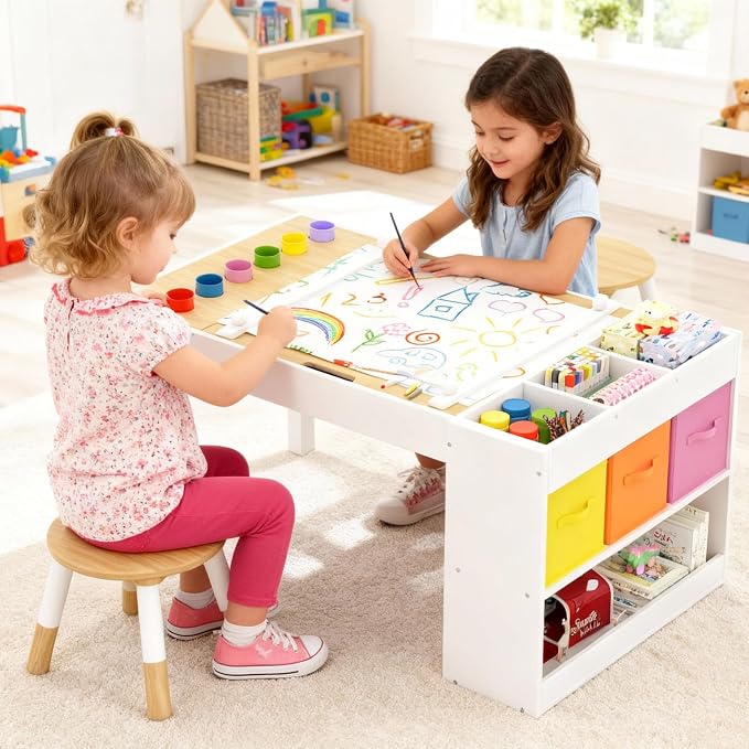Kids Art Table and 2 Chairs Set, Wooden Craft Desk - Image 5