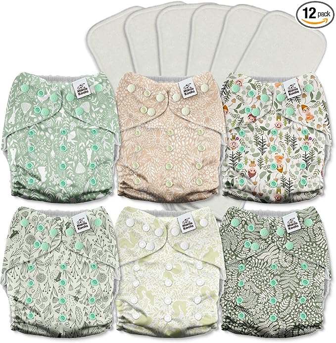 Mama Koala 3.0 Cloth Diapers for Babies with AWJ Lining, 6 Pack with 6 5-Layer Natural Cloth Diaper Inserts - Reusable and Washable Pocket Diapers(A-Spring Sprouts)