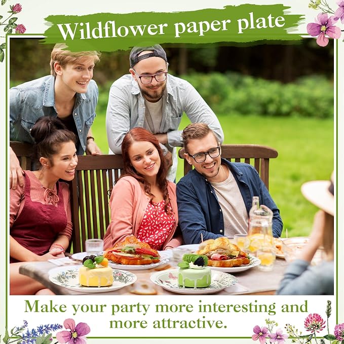 Funnymoom 60 Pcs 7 Inch Vintage Wildflower Paper Plates Retro Flower Plant Herb - Image 4