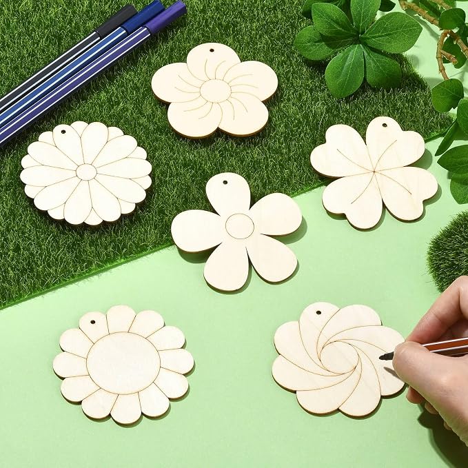 60 pcs 6 Styles Spring Flower Theme Undyed Wood Cutout Charms Sunflower Cherry - Image 5
