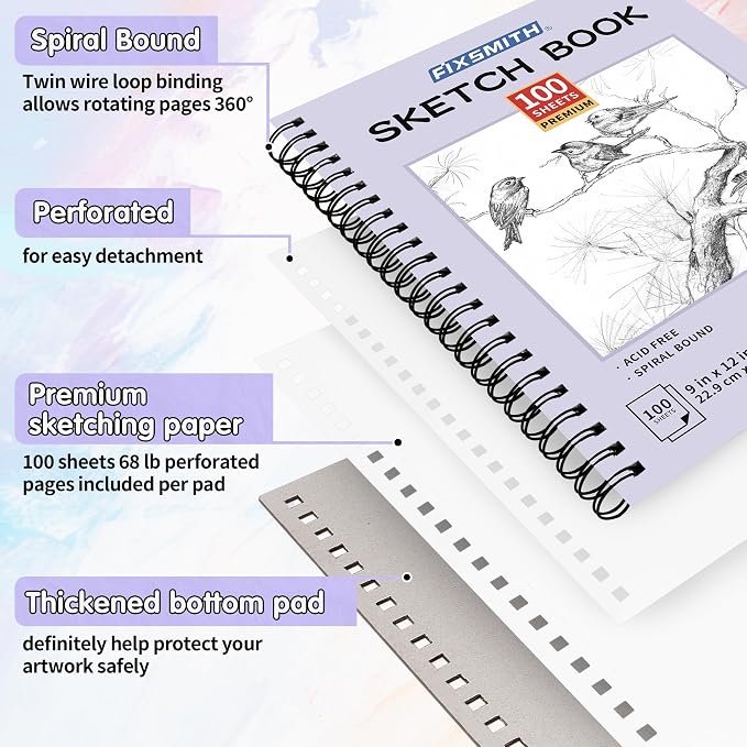FIXSMITH 9"X12" Purple Sketch Book, 100 Sheets Spiral Sketchbook, Acid Free - Image 3