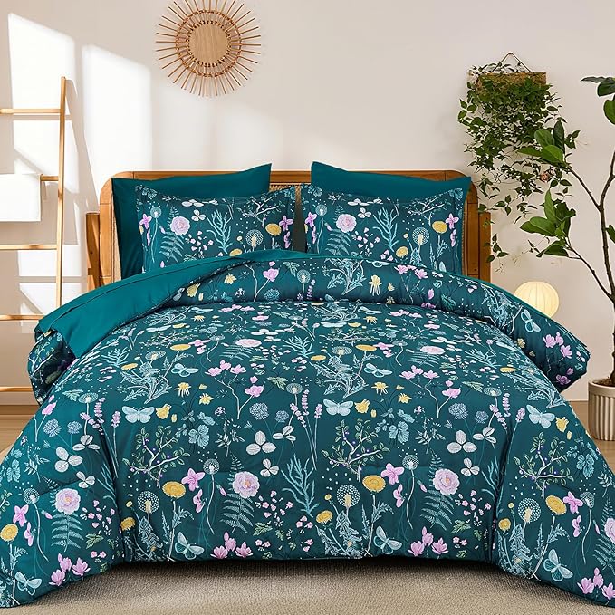 Yiran Teal Blue Comforter Set King Size, 7 Piece Floral Botanical Comforter by Yiran