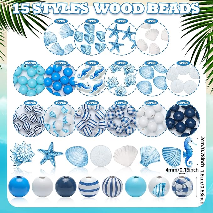 Bencailor 200 Pcs Ocean Theme Wood Beads - Image 2