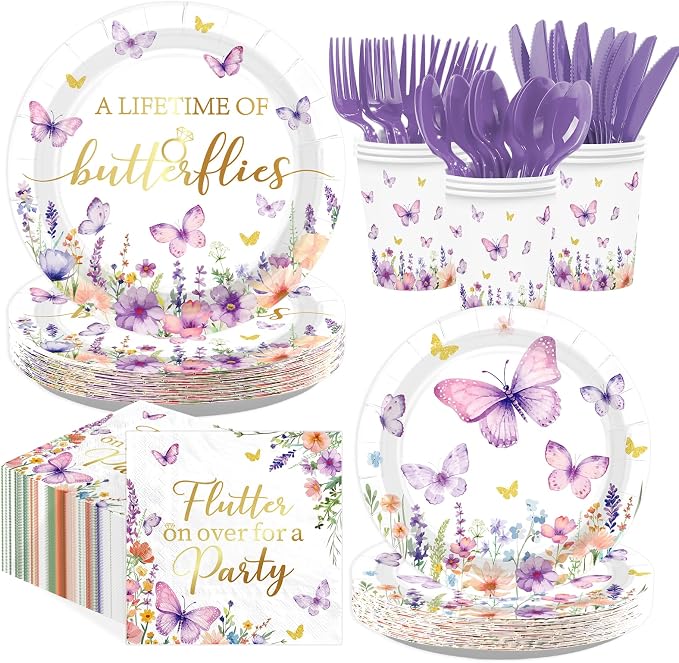 168Pcs Butterfly Bridal Shower Supplies A Lifetime of Butterflies Plates by Greencian
