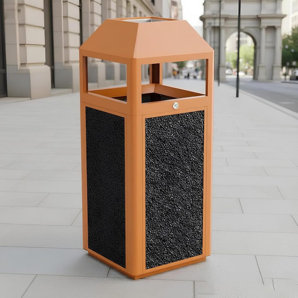 Commercial Metal Outdoor Trash Can with Lid, Lockable Outdoor Garbage Can with Nature Stone Panels, Heavy-Duty Rustproof Trash Bin with Removable Liner for Parks & Public Spaces