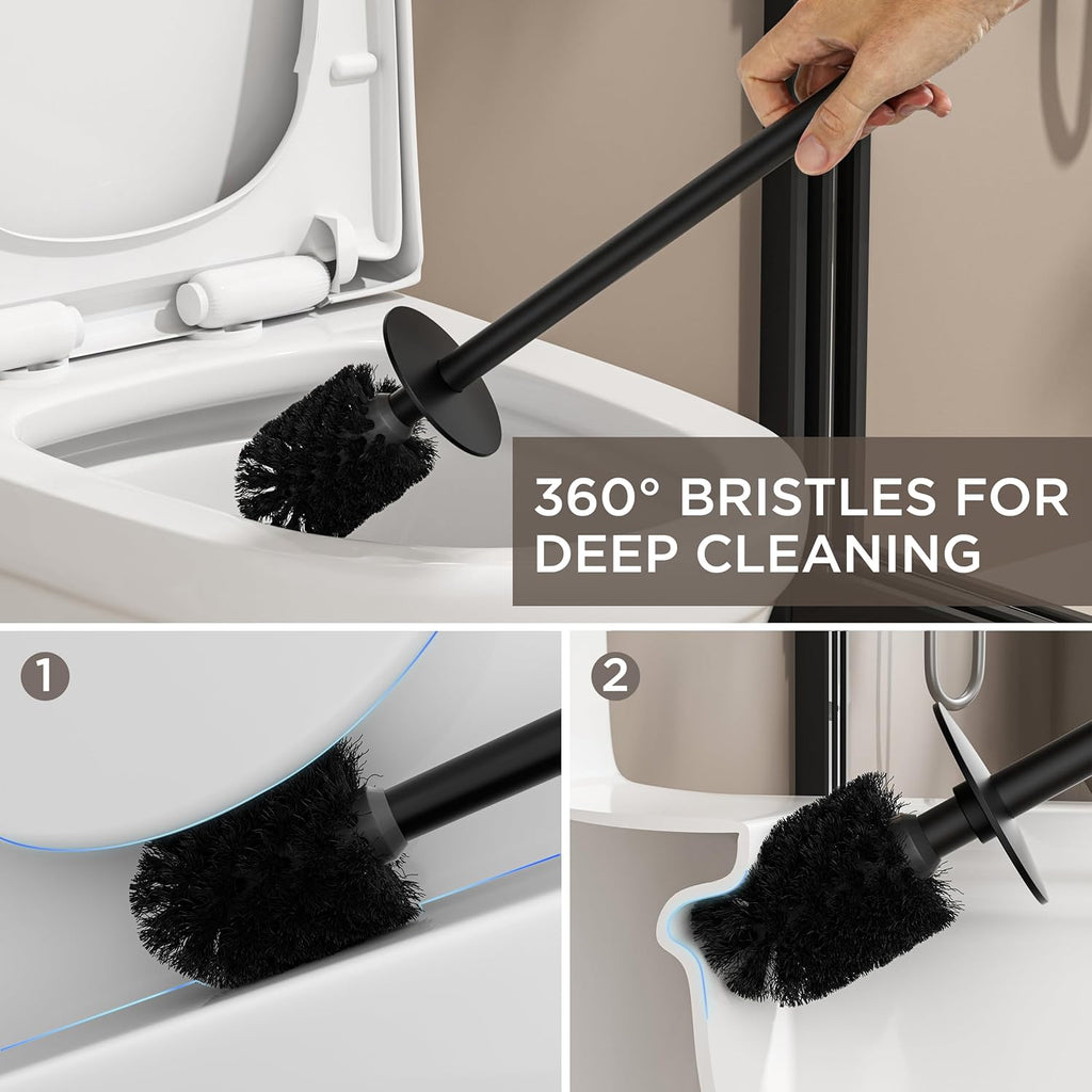FORIOUS Toilet Brush and Holder Set, 304 Stainless Steel Heavy Duty Base and Handle for Bathroom Deep Cleaning, Toilet Bowl Cleaners Brush with Holder, Space Saving for Storage (2, Matte Black)