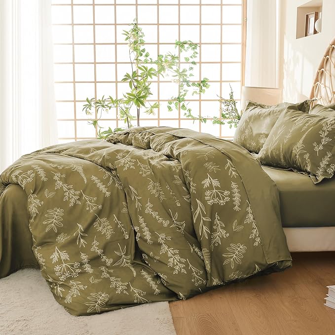 MUXHOMO Duvet Cover King Size, Reversible Floral Olive Green Duvet Cover Set - Image 2
