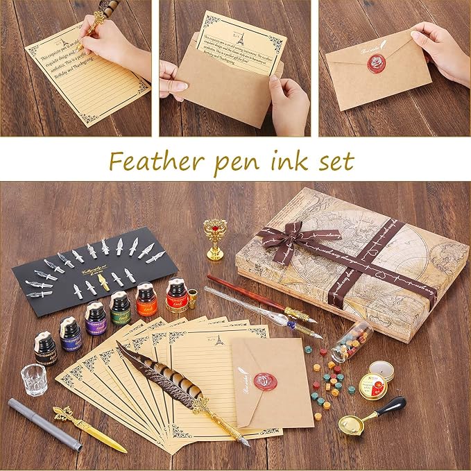 NC Quill Pen Ink Set, includes quill pen, wooden And glass dip pen, 6 bottles - Image 6