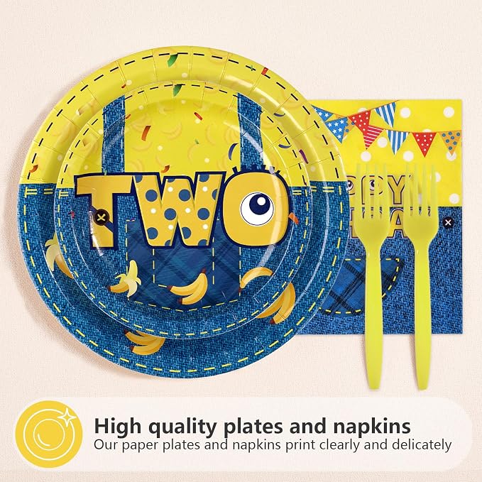 96 Pcs Yellow Cartoon 2nd Birthday Party Supplies Yellow Jeans Banana Plates - Image 2