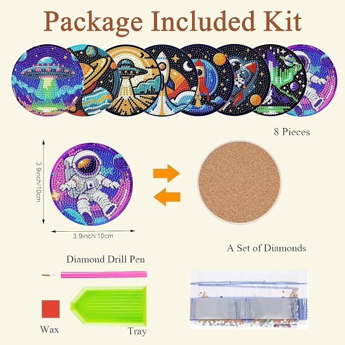 8PCS Outer Space Diamond Art Coasters Kit, Cute Spaceship Diamond Painting - Image 4