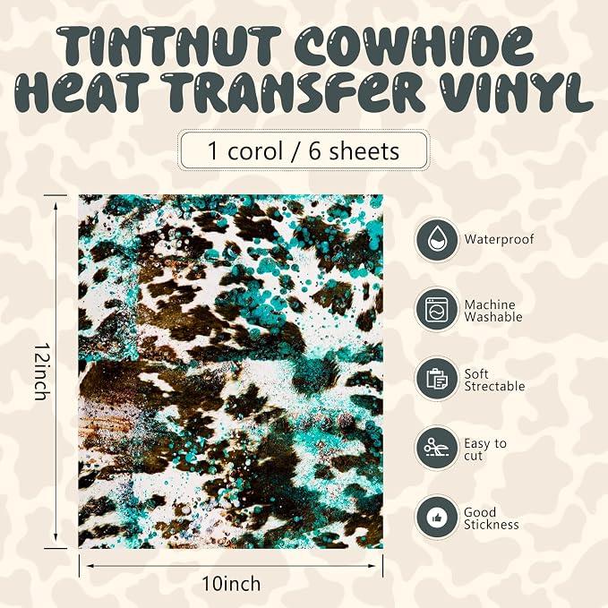 Tintnut Turquoise Cowhide Heat Transfer Vinyl, easy cut & weed, stretch washable - Image 2