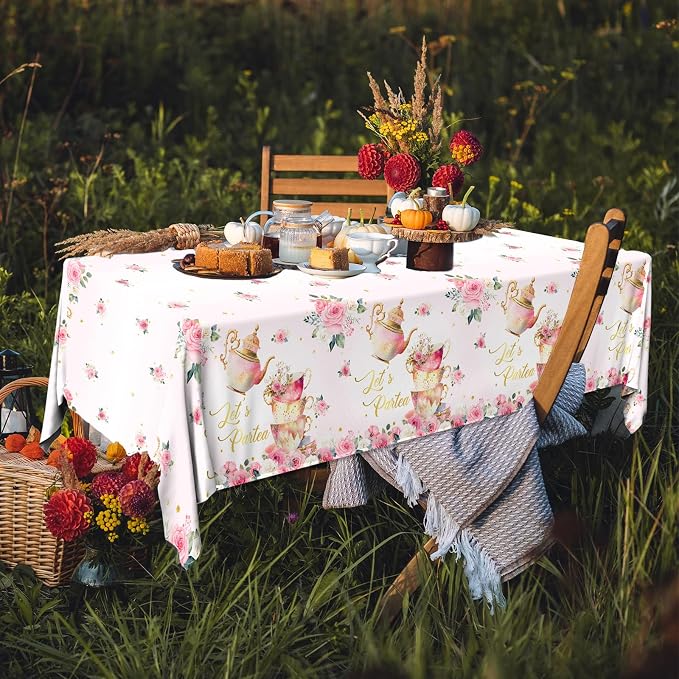 Pink Floral Tea Party Tablecloth, Girls Tea Party Birthday Supplies 3pcs Let's - Image 4