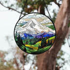 DASTOLL Stained Glass Window Hanging 4 Pcs Set Mountains Lake Green White - Image 3