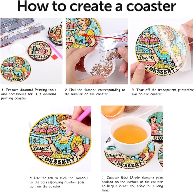 8Pcs Retro Housewife Diamond Art Coasters Kit, Vintage Coffee Diamond Painting - Image 7