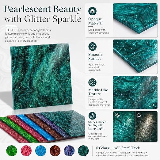 TOEPODO Pearlescent Marble Acrylic Sheets 1/8" Glitter Cast Opaque Plexiglass - Image 4
