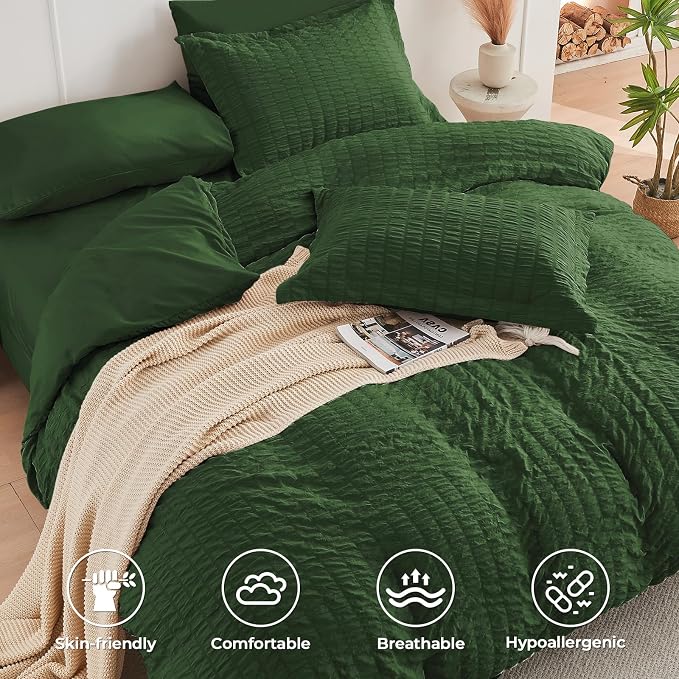 HYMOKEGE Dark Green Twin Comforter Set Seersucker 5 Pieces, All Season Luxury - Image 3