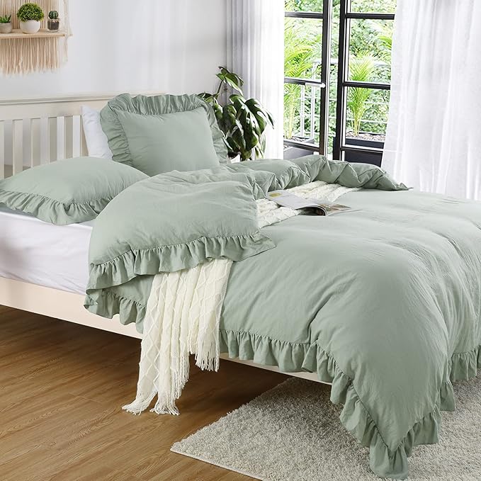 Ruffle Duvet Cover King Size, Sage Green, 104x90 in by CAROMIO