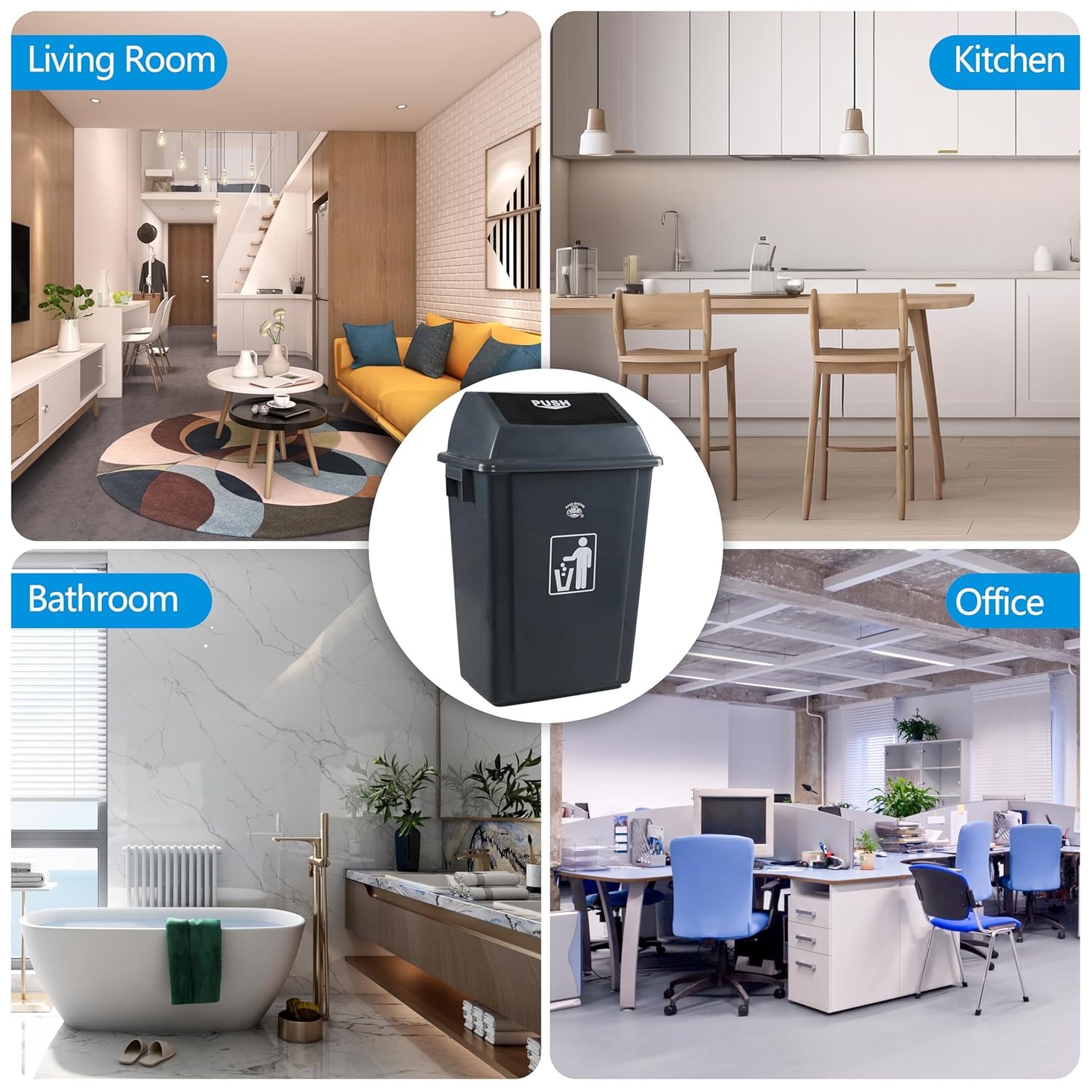 4-Pack Rectangular Waste Container with Swing Lid, 15 Gallon Commercial Trash Can, Gray