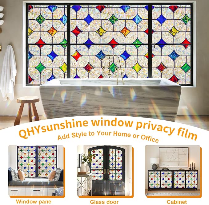 QHY Sunshine Colorful Rainbow Stained Glass Window Film Non-Adhesive Window - Image 6