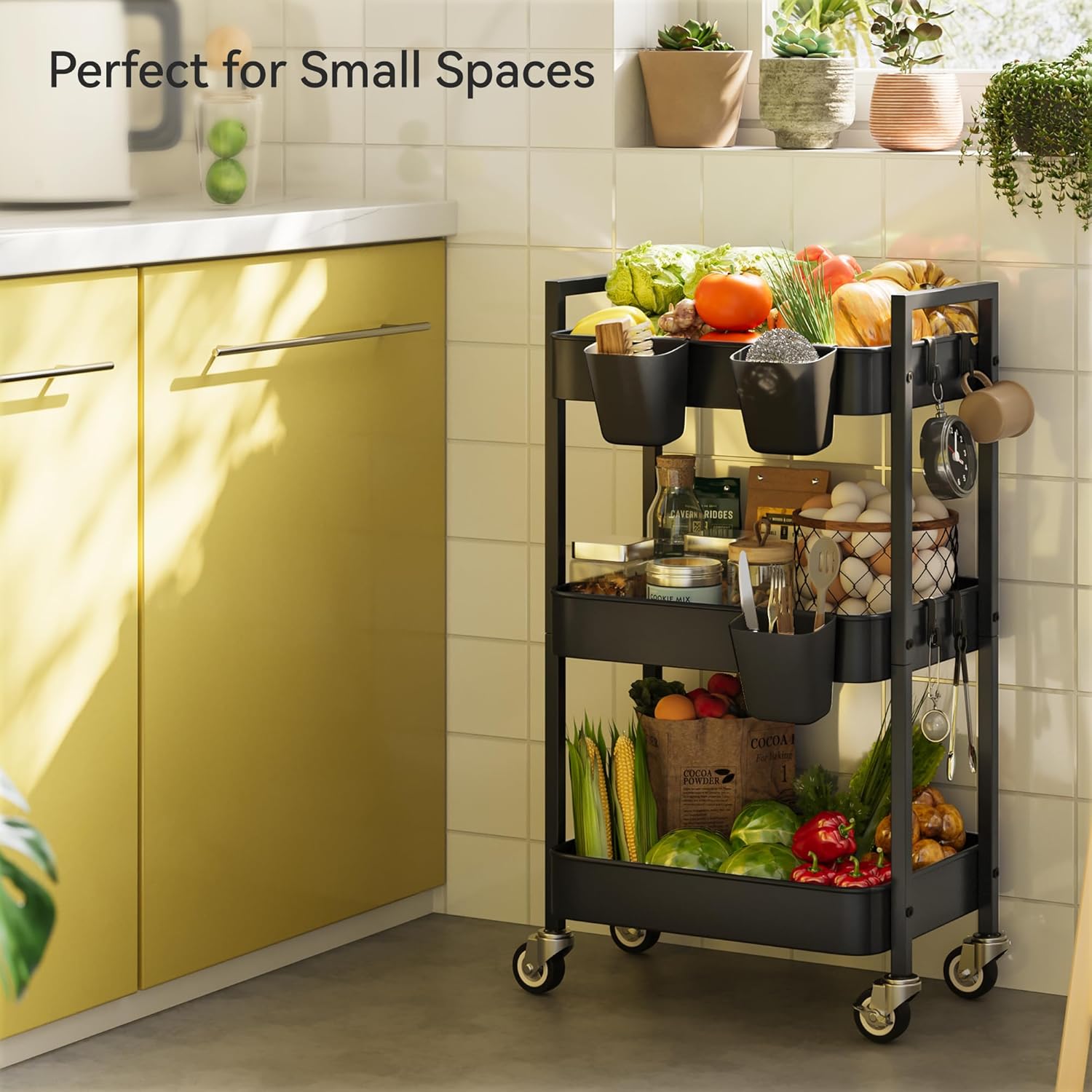 3 Tier Rolling Cart,Utility Cart with Locking Wheels, Hanging Cups & Hooks, Heavy Duty Metal Storage Organizer Cart for Kitchen,Office, Bathroom,Craft Room,Black