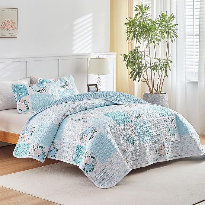 Joyreap 3 Pieces Floral Patchwork Quilt Set King, Soft n Cozy Microfiber Quilt - Image 2
