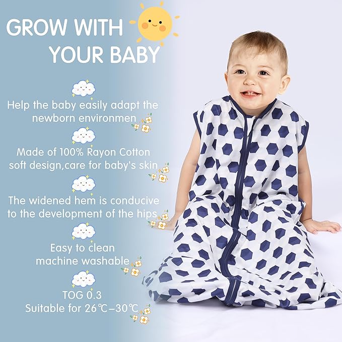 Baby Sleeping Bag 2-Way Zipper Toddler Wearable Blankets Comfy Stretchy Lightweight TOG 0.5 (Soccer & Triangles, M)