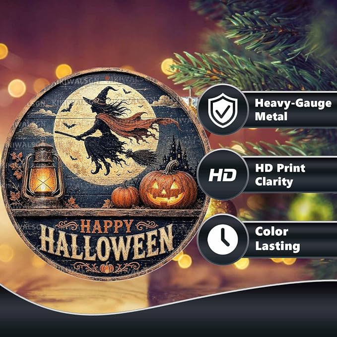 Flying Witch Halloween Metal Tin Sign Round Wall Decor Full Moon Haunted House - Image 4