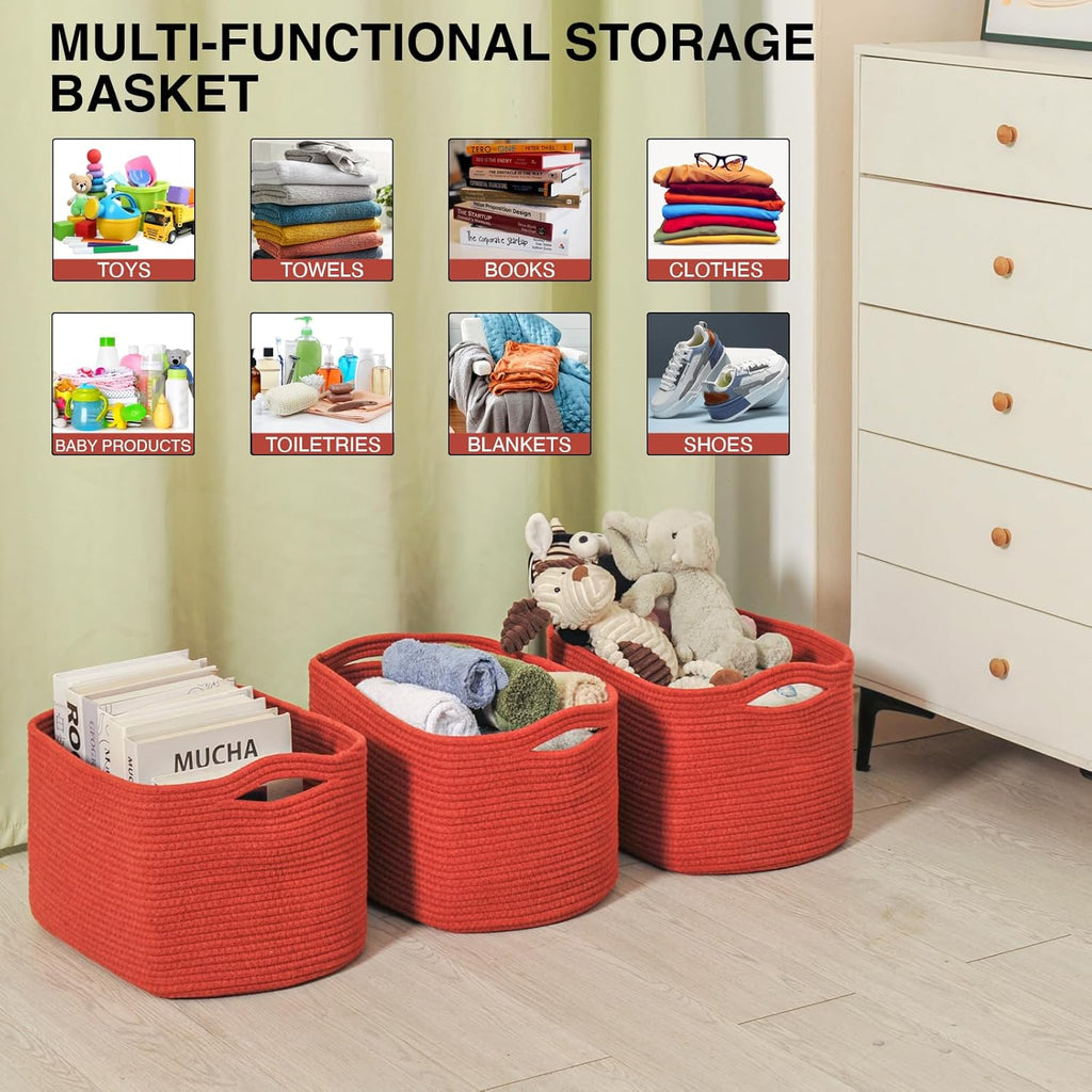 Storage Baskets for Organizing, Storage Basket for Shelves, Toy Towel Basket for Bathroom Nursery, Woven Cotton Rope Baskets for Decor, 15"x11"x9.5", 3 Packs, Brick Red